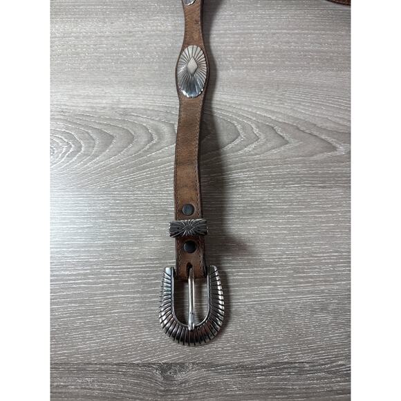 Justin Made in USA Brown Leather Belt Silver Tones Buckle and Concho Design 38” - Picture 2 of 7